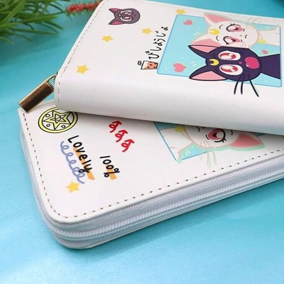Sailor Moon Wallet Luna & Artemis Cat Cute Kawaii Money Zip Around Wallet, White - Picture 11 of 12
